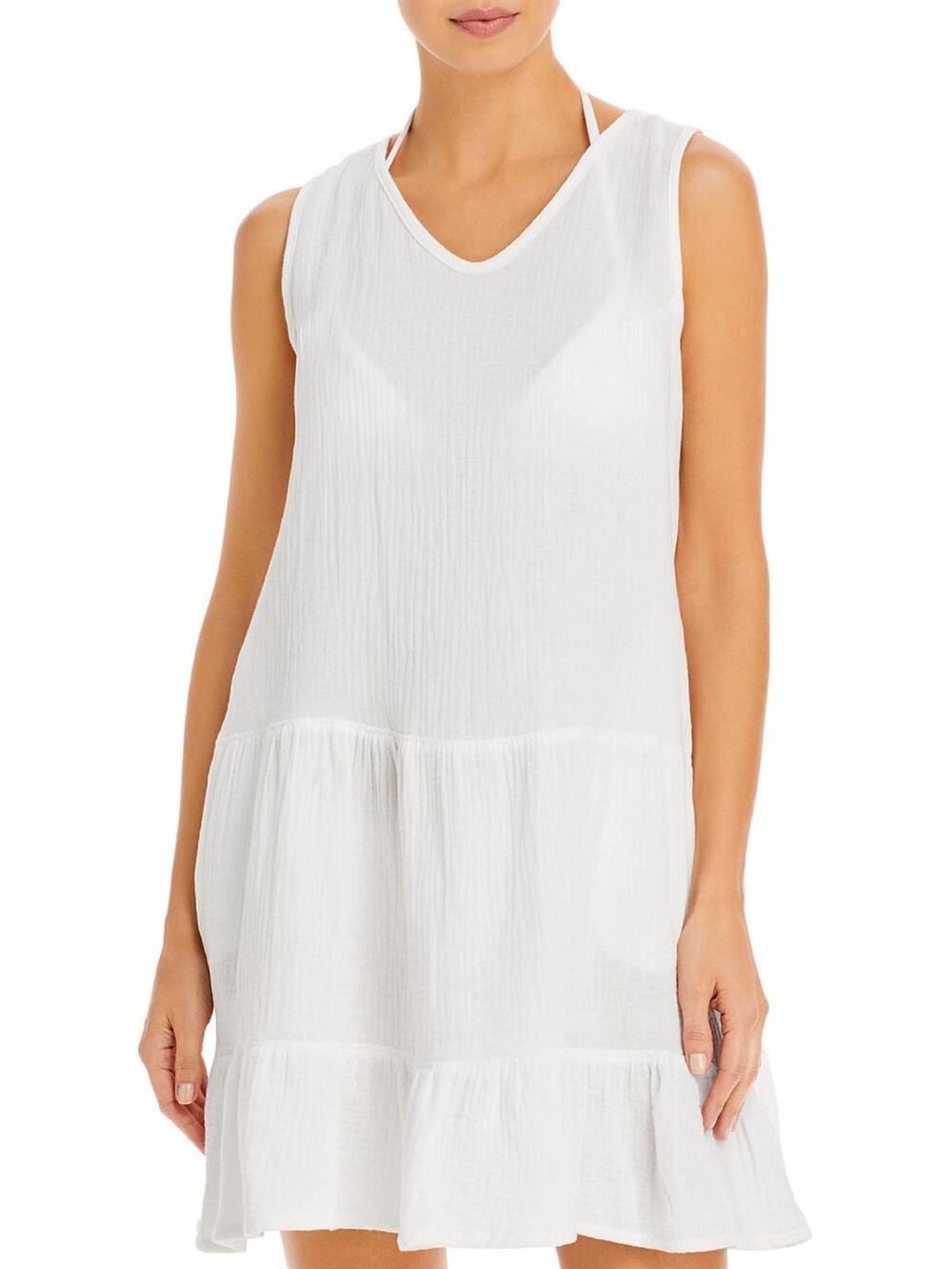 J Valdi White Cotton Gauze Tiered Swimsuit Beach Coverup Tunic Mini Dress Size L